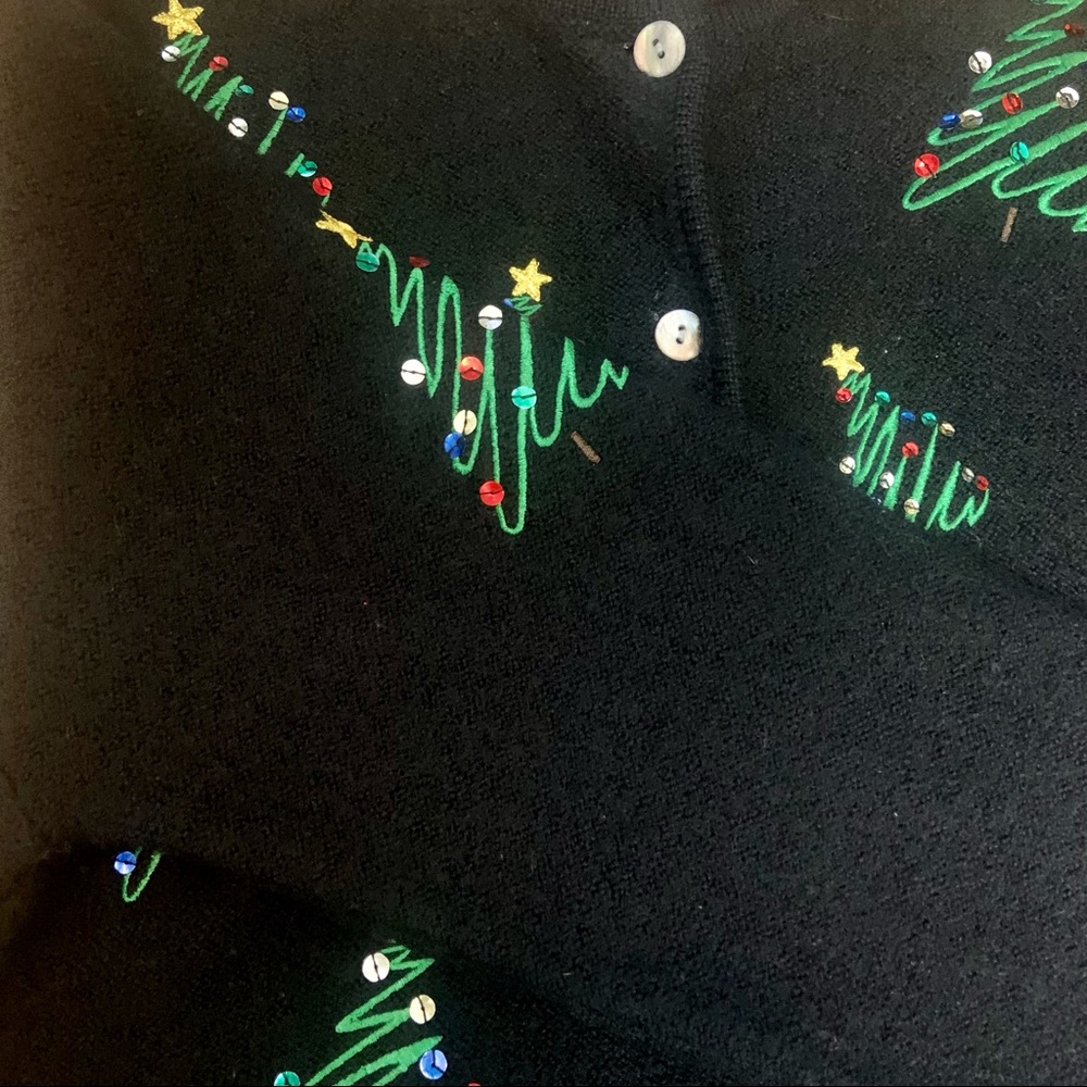 Vintage 80’s Wool Christmas Tree Embellished Black Cardigan Sweater Large - Picture 6 of 9